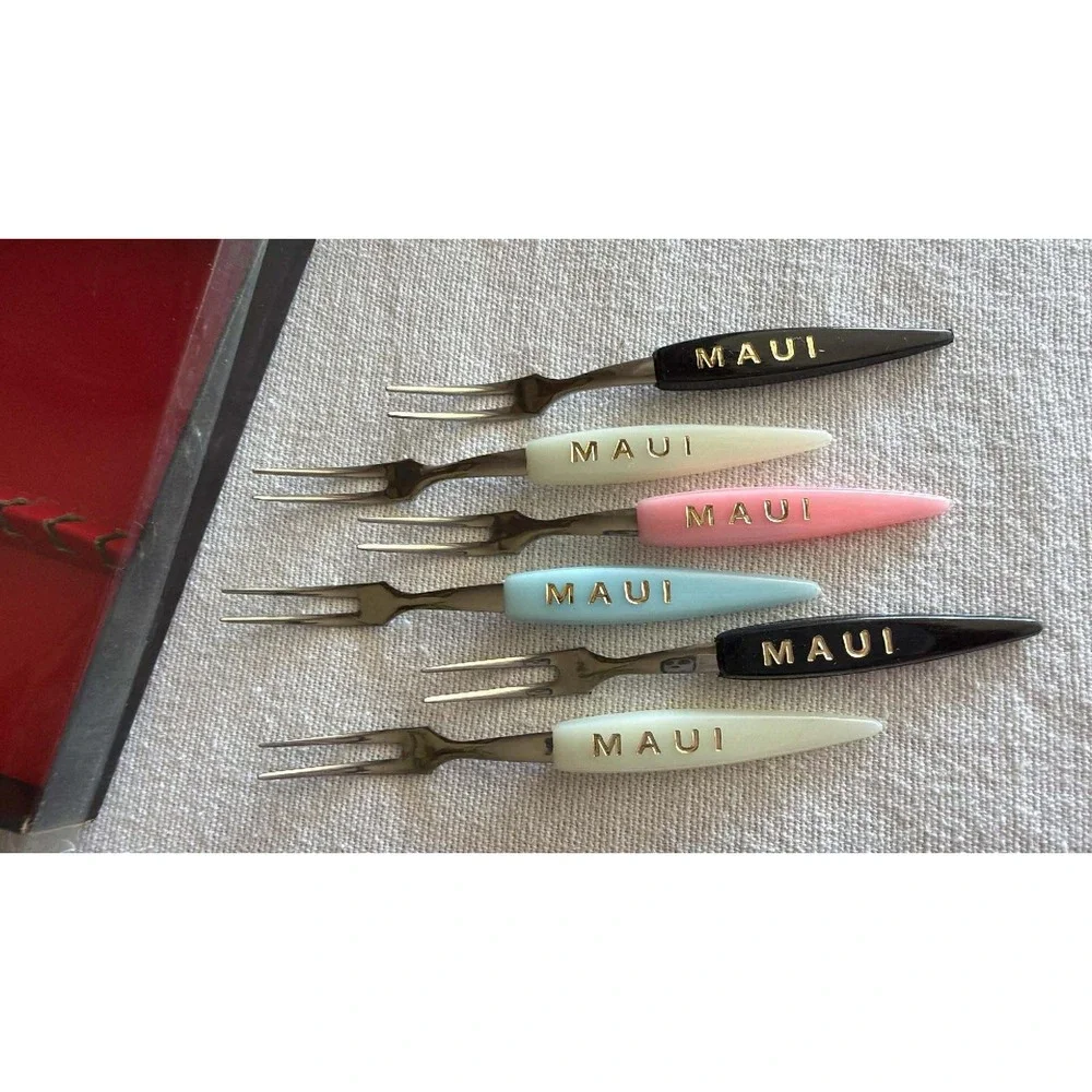 Vintage Cocktail Forks Assorted Maui Souvenir MCM Tiki Hut Luau Entertaining
